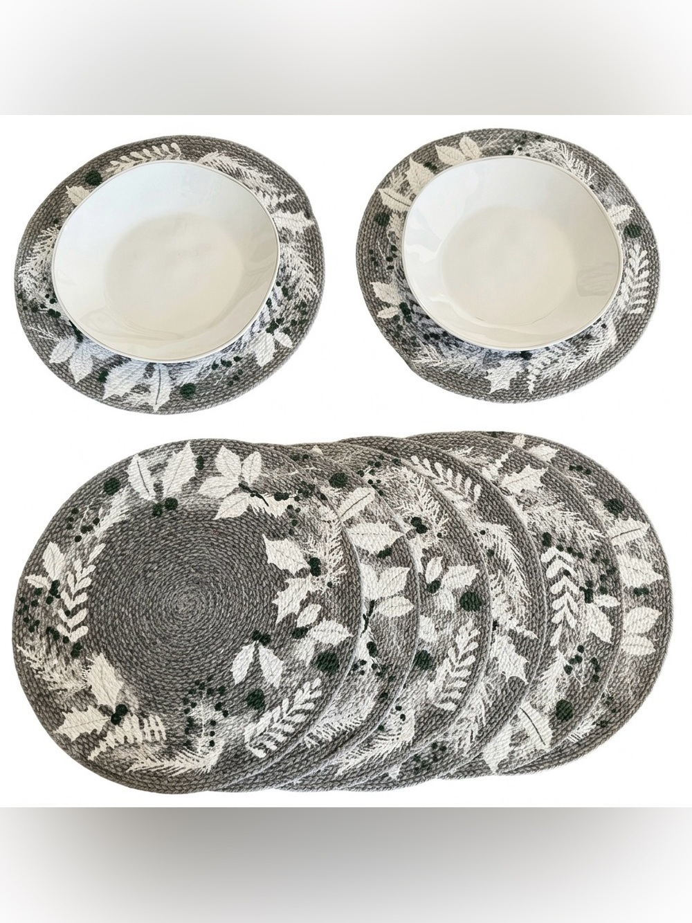 Set of 6 Braided Cotton Placemats - Gray Holly Leaf Winter Holiday
